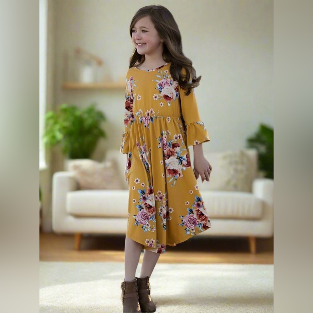 Size 4 NEW Girl Yellow Pink Floral Maxi Dress, Mom and Me Dresses